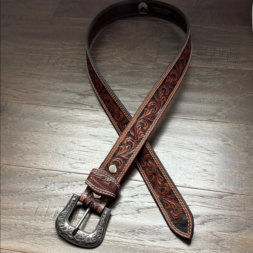Ridge Mountain Genuine tooled leather,double stitch,antique silver buckle Wester